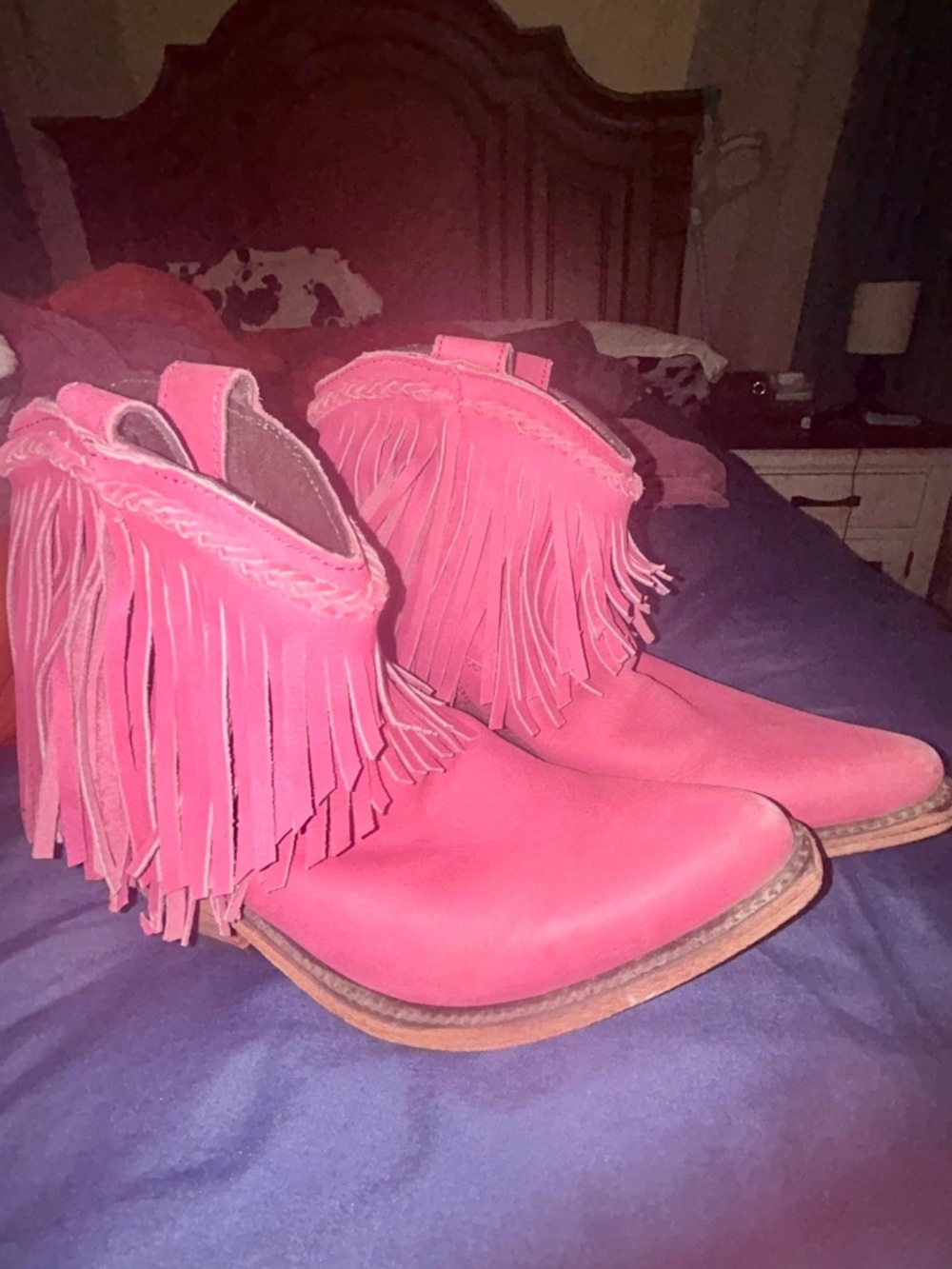 Liberty Black fringe ankle boots in a vibrant "Vegas Lipstick" pink